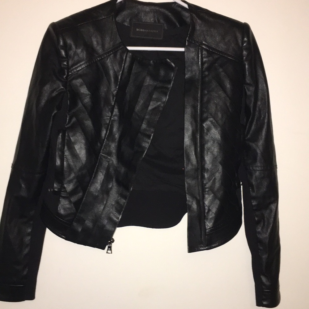 BCBG Asymmetrical Ruffled Leather Moto Jacket